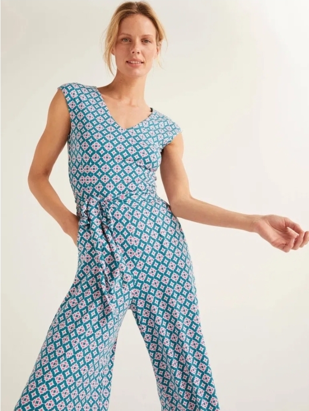 Boden V-Neck Wide-Leg Jersey Jumpsuit in Teal & Pink Print - Size 16/18R - Picture 5 of 15